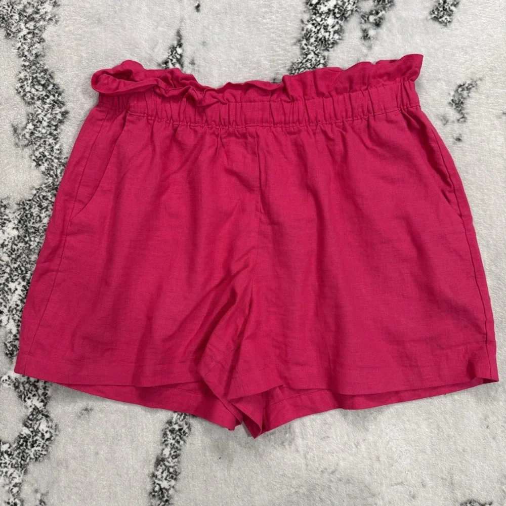 Express Shorts Womens Size L Pink Linen Blend Paperbag Waist Pull On Pockets